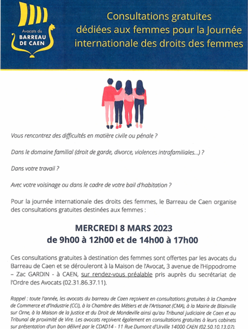 Mercredi 8 mars : journée internationale des droits des femmes – consultations gratuites