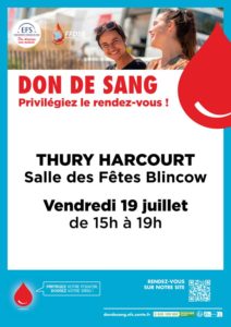 Collecte de sang à Thury-Harcourt-le-Hom le vendredi 19 juillet de 15h à 19h (salle Blincow)